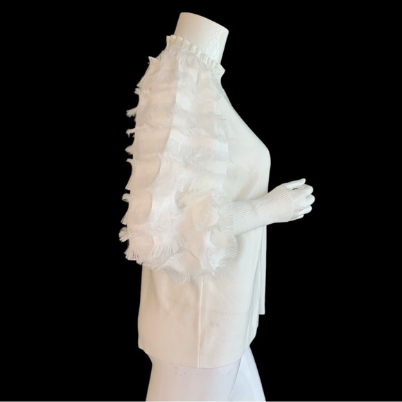 SIONI MILANO WHITE MOCK NECK FRINGE TRIM LONG SLEEVE SWEATER. WOMEN’S SIZE LARGE - Picture 4 of 7